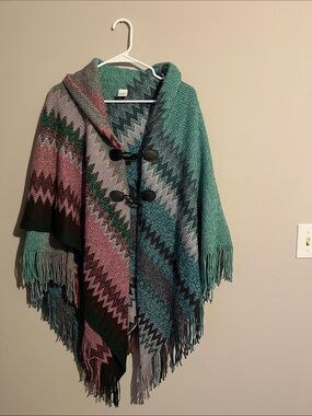 Teal and Mauve Zigzag Fringe Shawl Poncho